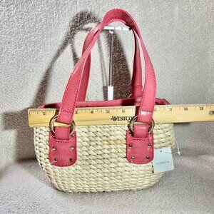 Liz Claiborne Purse Salmon Pink trim  Cornhusk Straw Body Magnetic New With Tags